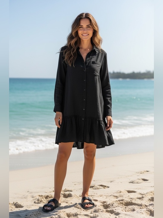 Cynthia Rowley Dresses & Skirts - Cynthia Rowley Black Long-Sleeve Button-Front Shift Dress
